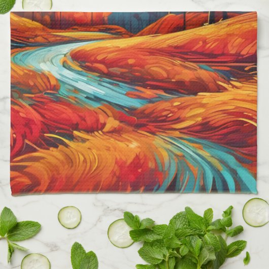 Levendige Herfst River Scene Theedoek (Gevouwen)