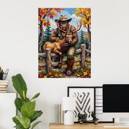 Levendige Herfst: Sasquatch en het hert Poster (Thuiskantoor)