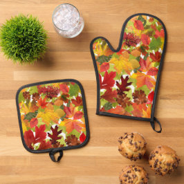 Levendige herfstbladeren collage ovenwant & pannenlap set