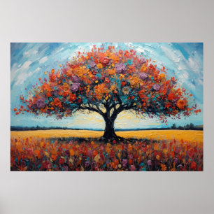 Levendige herfsteik turquoise lucht kunst poster