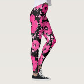 Levendige Hete Roze Abstracte Bloemen op Zwart Leggings (Rechts)