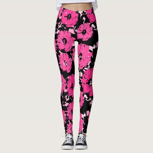 Levendige Hete Roze Abstracte Bloemen op Zwart Leggings (Voorkant)