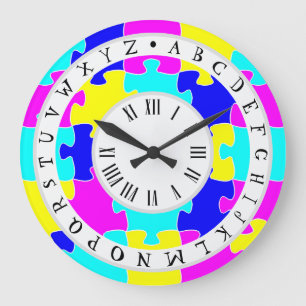 Levendige hete roze, blauwe en gele puzzel. alfabe grote klok