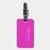 Levendige hete roze script naam gepersonaliseerd bagagelabel (Voorkant verticaal)