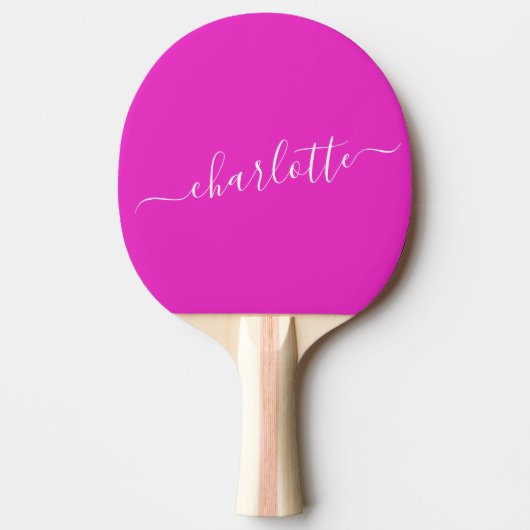 Levendige hete roze script naam gepersonaliseerd tafeltennisbatje (Voorkant)