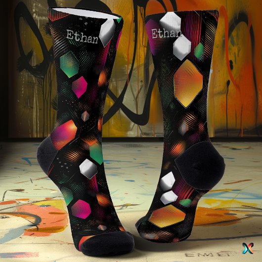 Levendige Hexagon met Metallic Sinaasappel, Groen  Sokken