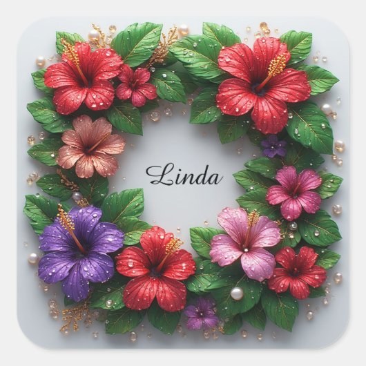 Levendige Hibiscus Krans Vierkante Sticker (Voorkant)