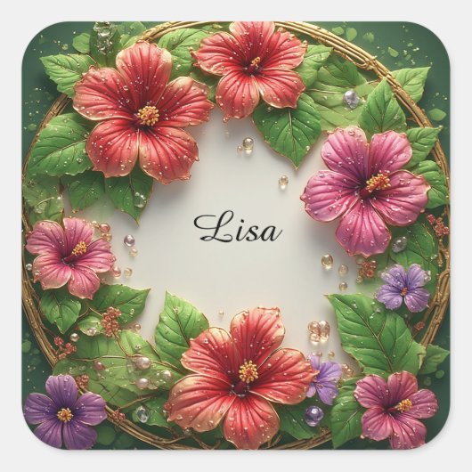 Levendige Hibiscus Krans Vierkante Sticker (Voorkant)