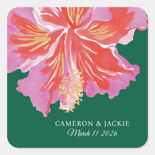 Levendige Hibiscus Tropische Bruiloft Vierkante Sticker (Voorkant)