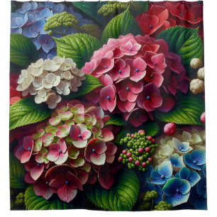 "Levendige hortensia's met dauw" Douchegordijn