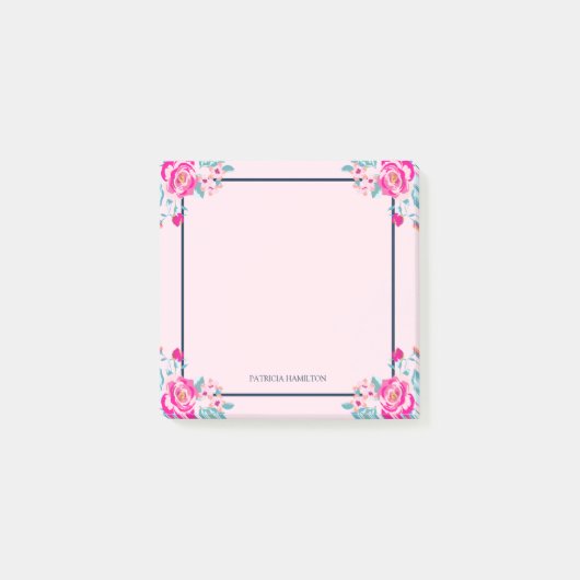 Levendige Hot Pink Bloemen op Blush Custom Name Post-it® Notes (Voorkant)