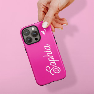 Levendige Hot Pink Jouw naam in Script met hart Case-Mate iPhone Case