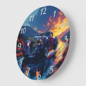 Levendige hot rod cruisen bij zonsondergang op een grote klok (Hoek)