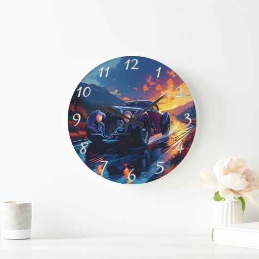 Levendige hot rod cruisen bij zonsondergang op een grote klok (Huis)