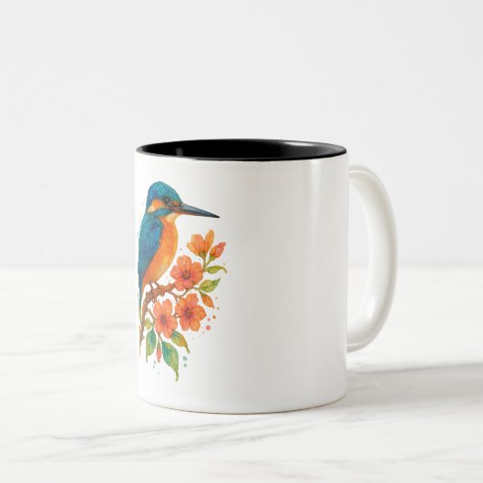 Levendige ijsvogel met bloesems - Waterverf Art Tweekleurige Koffiemok (Voorkant rechts)