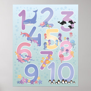 Levendige illustraties van Zee dieren 1-1 getal Poster