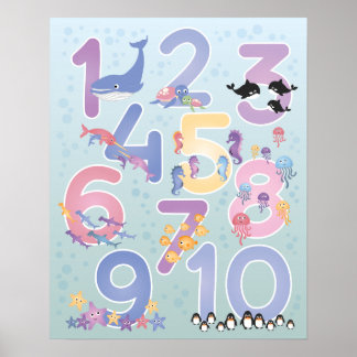 Levendige illustraties van Zee dieren 1-1 getal Poster