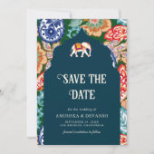 Levendige Indiase Folk Art Elephant Donkerblauw Hu Save The Date (Voorkant)