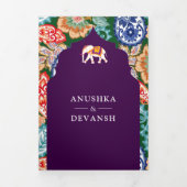 Levendige Indiase Folk Art Olifanten Aubergine bru Drieluik Uitnodiging (Cover)