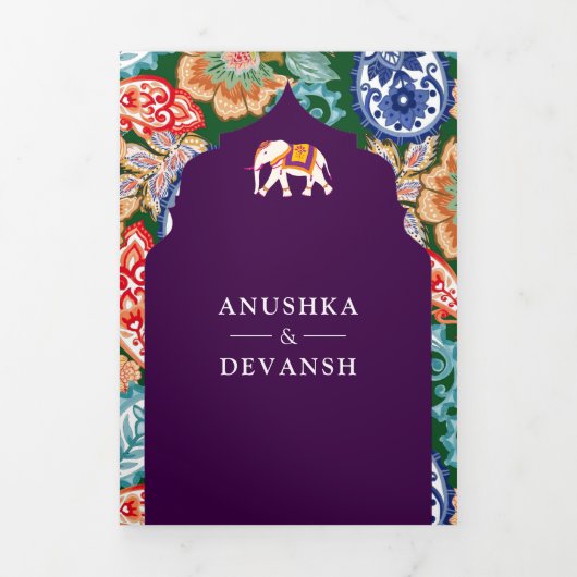 Levendige Indiase Folk Art Olifanten Aubergine bru Drieluik Uitnodiging (Cover)