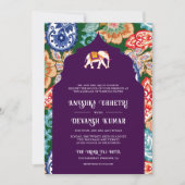 Levendige Indiase Folk Art Olifanten Aubergine bru Kaart (Voorkant)