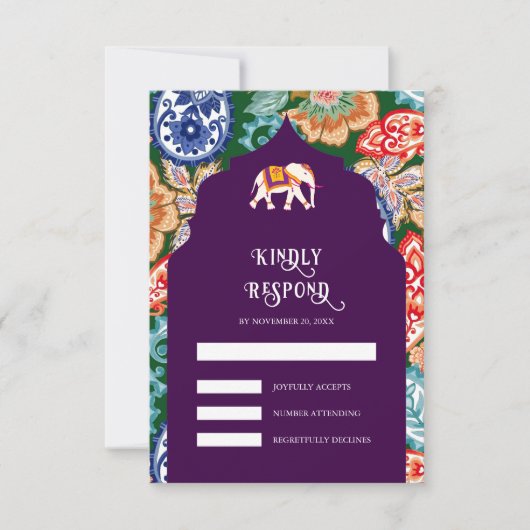 Levendige Indiase Folk Art Olifanten Aubergine bru RSVP Kaartje (Voorkant)