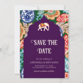 Levendige Indiase Folk Art Olifanten Aubergine bru Save The Date (Voorkant)