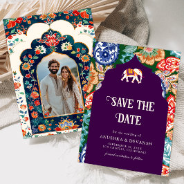 Levendige Indiase Folk Art Olifanten Aubergine bru Save The Date