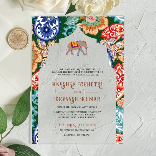 Levendige Indiase volkskunst olifant bruiloft Acryl Uitnodigingen