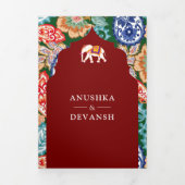 Levendige Indiase volkskunst olifant donkerrode br Drieluik Uitnodiging (Cover)