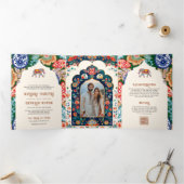 Levendige Indiase volkskunst Olifantencrème bruilo Drieluik Uitnodiging (Binnen)