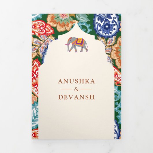 Levendige Indiase volkskunst Olifantencrème bruilo Drieluik Uitnodiging (Cover)
