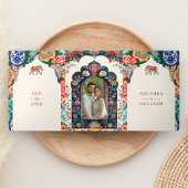 Levendige Indiase volkskunst Olifantencrème bruilo Drieluik Uitnodiging