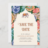 Levendige Indiase volkskunst Olifantencrème bruilo Save The Date (Voorkant)