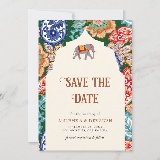Levendige Indiase volkskunst Olifantencrème bruilo Save The Date (Voorkant)