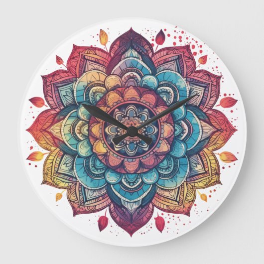 Levendige, ingewikkelde, Bohemische, Mandala Art Grote Klok (Voorkant)