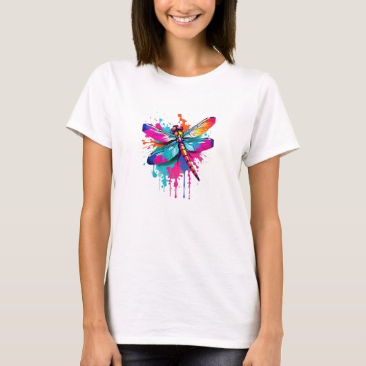 Levendige Ink Splatter Dragon Fly Pop Art, Kleurri T-shirt (Voorkant)