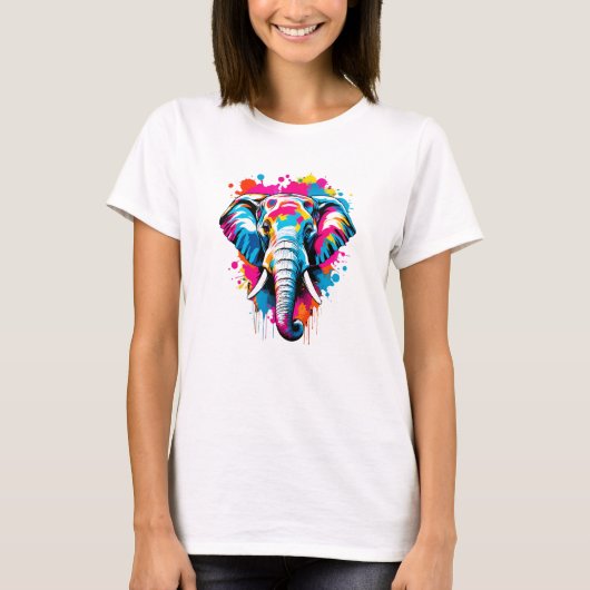 Levendige Ink Splatter Elephant Pop Art, Kleurrijk T-shirt (Voorkant)