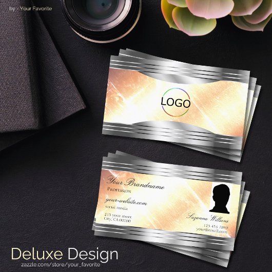 Levendige Ivoren Perzik met Zilveren Randen Logo F Visitekaartje