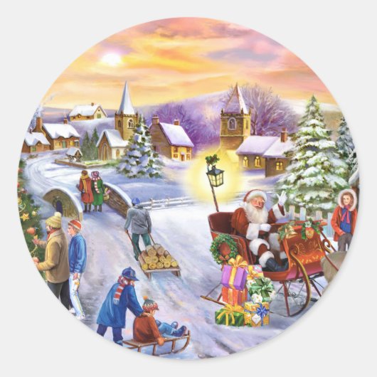 Levendige kerst dorp scene ronde sticker (Voorkant)