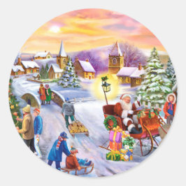 Levendige kerst dorp scene ronde sticker