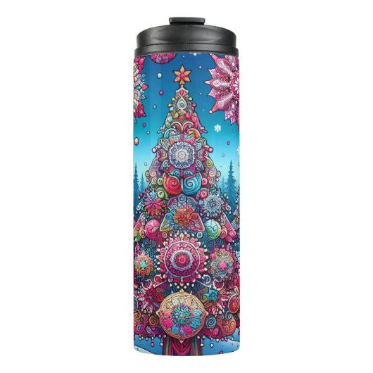 Levendige kerstbomen in de sneeuw thermosbeker (Voorkant)