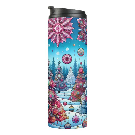 Levendige kerstbomen in de sneeuw thermosbeker (Geroteerd rechts)