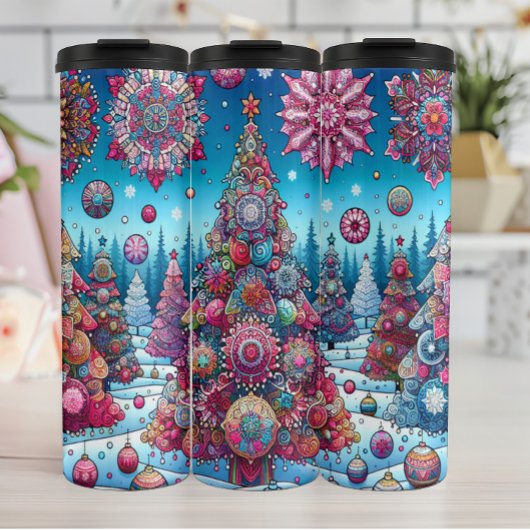 Levendige kerstbomen in de sneeuw thermosbeker