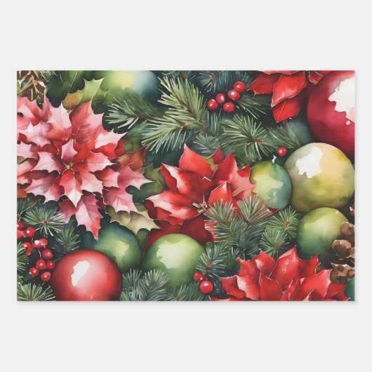 Levendige kerstversieringen, poinsettia, bessen inpakpapier vel (Voorkant)