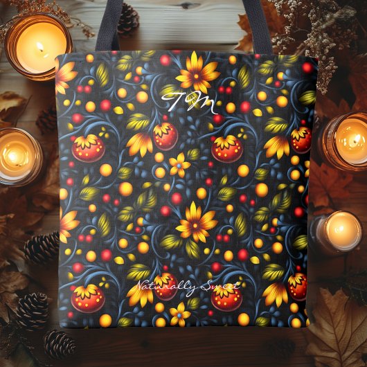 Levendige Khokhloma Style Bloemenpatroon Canvas ta Tote Bag