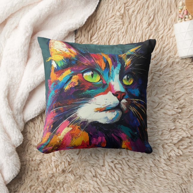 Levendige Kleur Cat Face Art Decoratief Kussen (Deken)