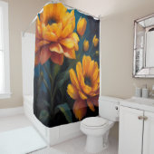 Levendige Kleur Geel Sinaasappel Bloemen op Blauw Douchegordijn (In situ)