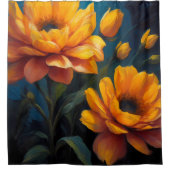 Levendige Kleur Geel Sinaasappel Bloemen op Blauw Douchegordijn (Voorkant)