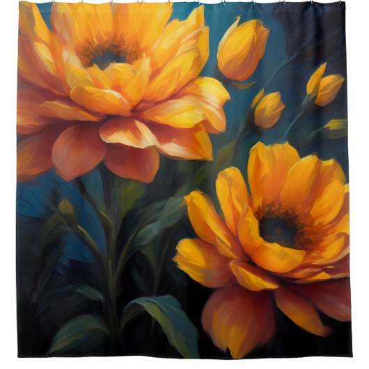 Levendige Kleur Geel Sinaasappel Bloemen op Blauw Douchegordijn (Voorkant)